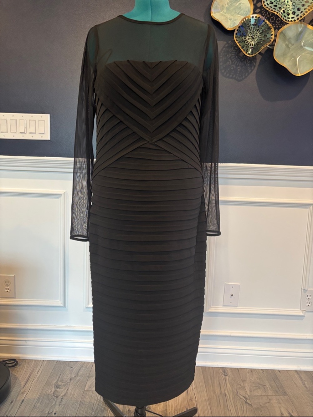 Long Tall Sally Black Sheer Sleeve Bodycon Midi Dress Tall Size 14